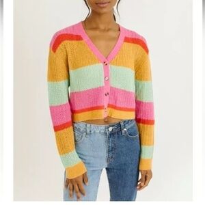 Dee Elly Pink green orange Knit Open Front button Cardigan small